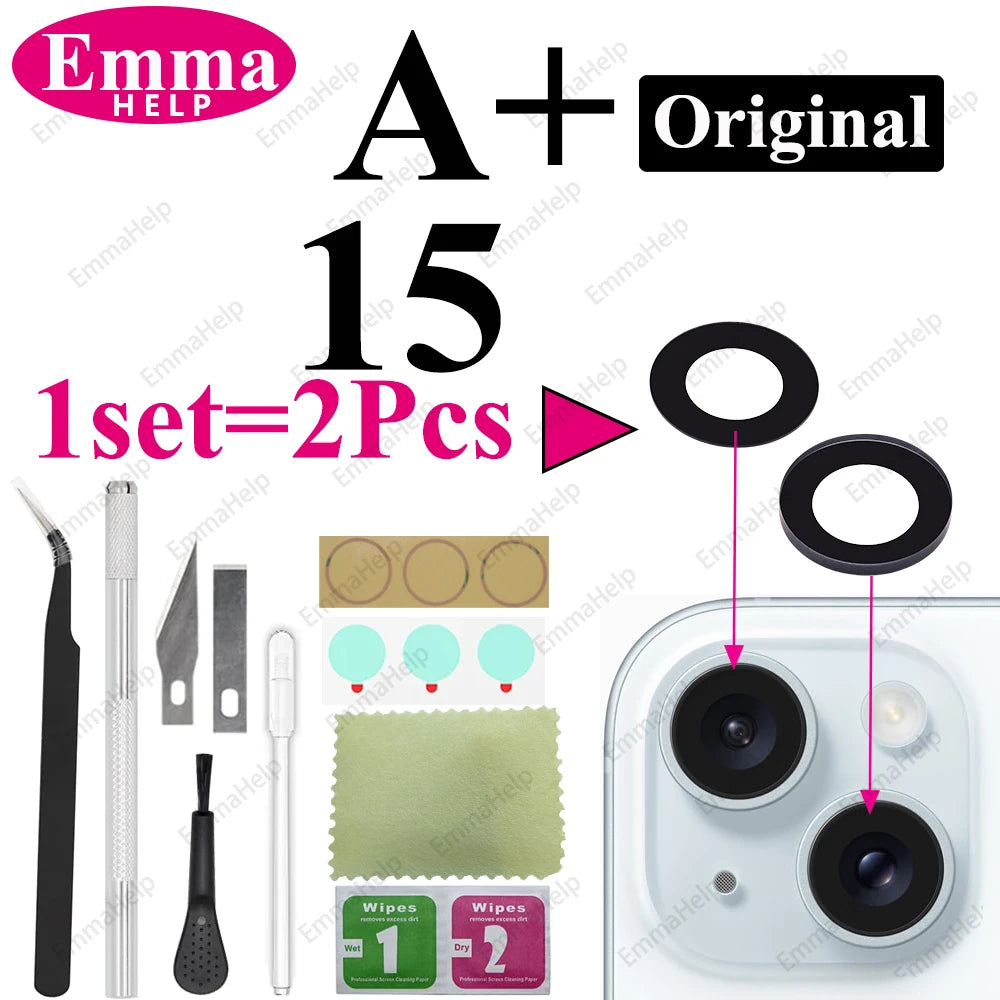 Sapphire Camera Lens Glass for iPhone 15/14/13/12/11 Pro Max Plus Mini - Complete Repair Kit with Adhesive