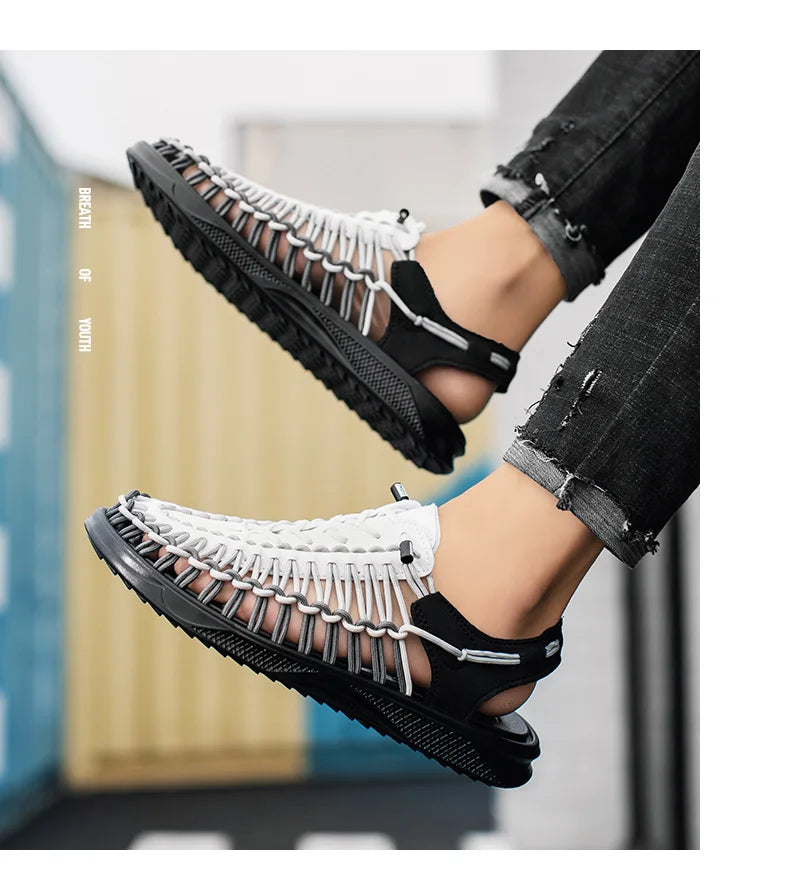 2023 Summer Men's  Sandals Lace Up Hand Woven Sandals Thick Soled Soft Non Slip Casual Shoes High Quality Couple Beach Shoes