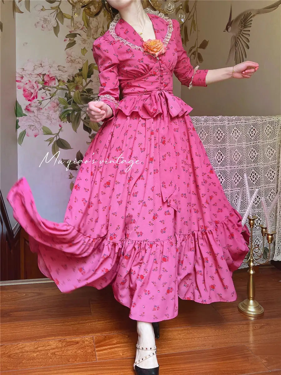 Rose Red Flower Autumn Long Sleeve French Vintage Dress V-neck Waist Cinched Slimming Ruffle Large Swing Long Dress for Women