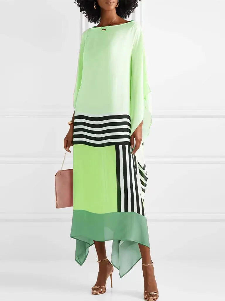 Retro Striped Print Patchwork Irregular Dress Women Spring Batwing Sleeve Loose Long Dress Summer Sexy Crew Neck Boho Maxi Dress