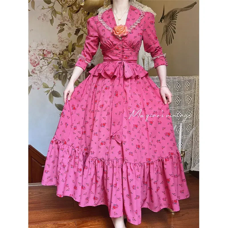 Rose Red Flower Autumn Long Sleeve French Vintage Dress V-neck Waist Cinched Slimming Ruffle Large Swing Long Dress for Women