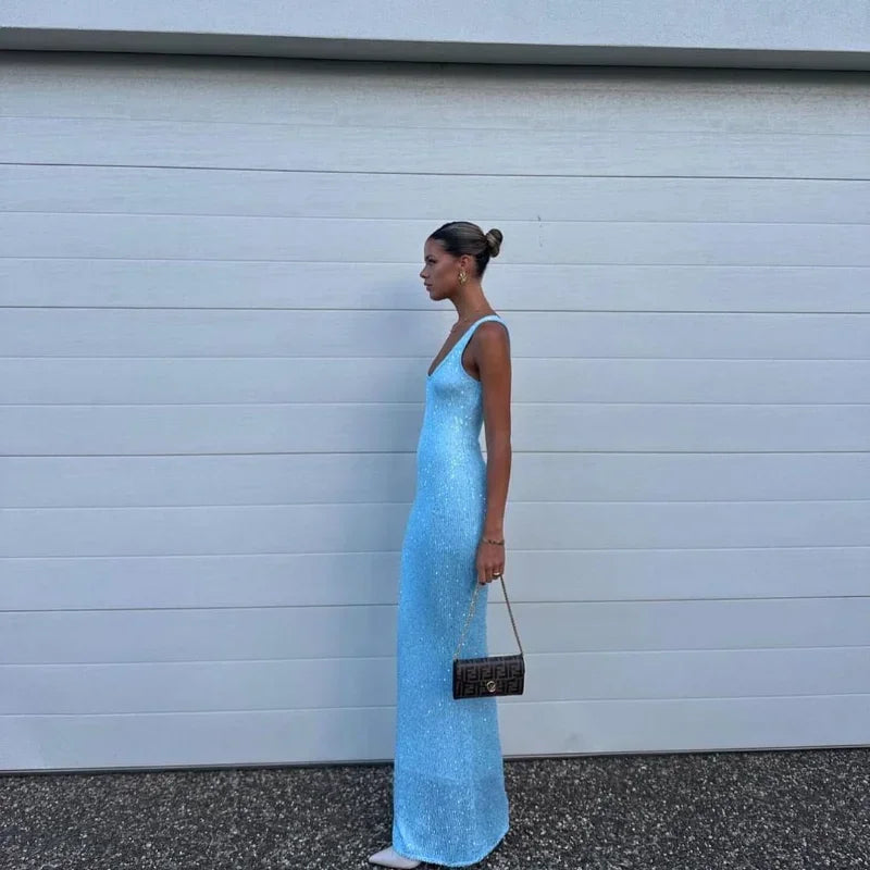 Women Sexy Yellow Glitter Splicing Square Neck Long Dress Casual Slim Sleeveless Sling Maxi Dresses Female Summer Holiday Robes