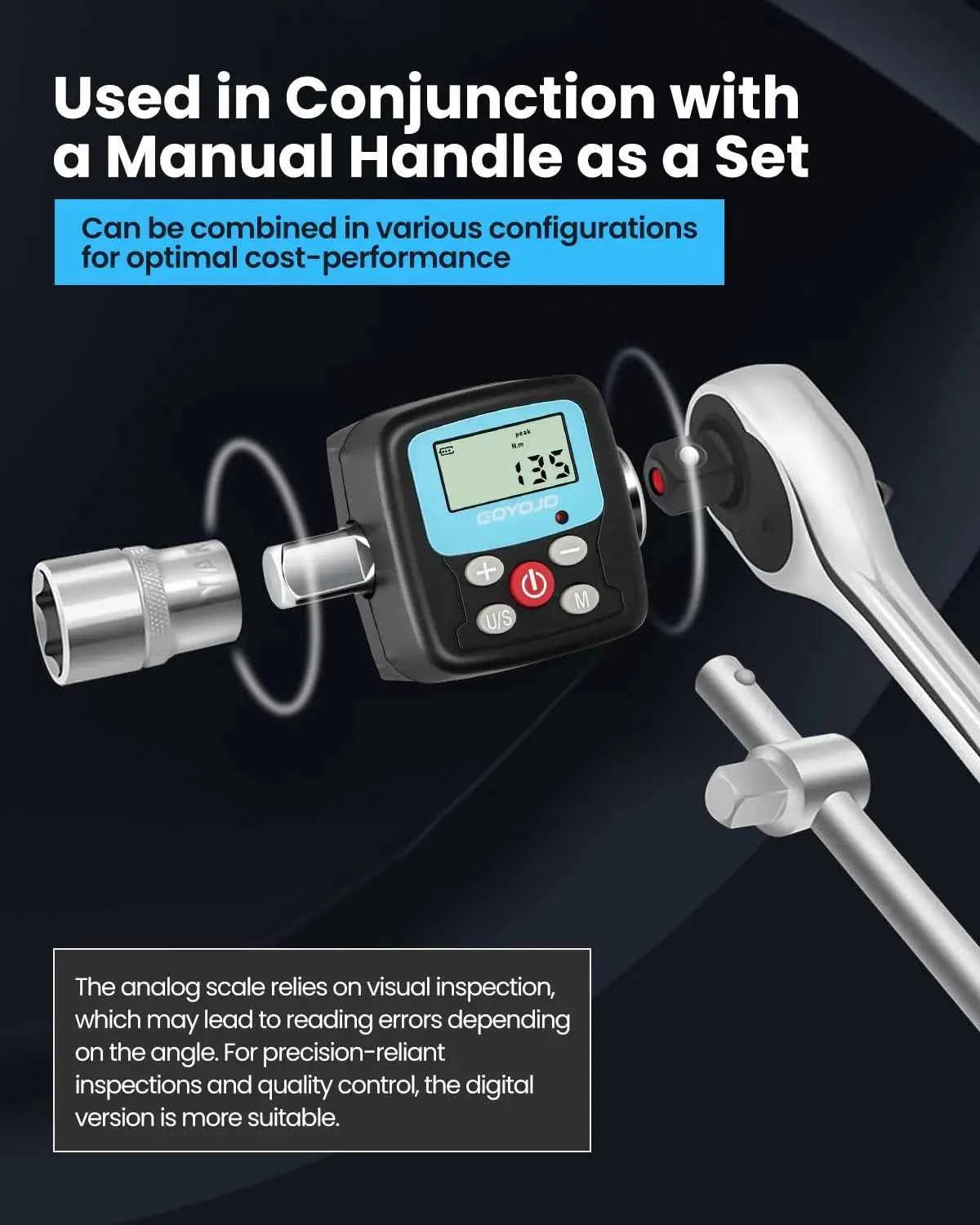 GOYOJO Digital Torque Wrench Adapter - Precision Electronic Converter with LCD Display & Versatile 1/2" & 1/4" Sockets
