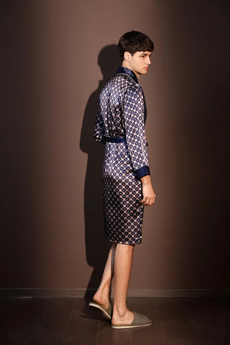 Men's Thin Bathrobe High Quality Nightrobes One-Piece Robe Male Loungewear Gents Spring and Autumn New Ice Silk Printed Pajamas