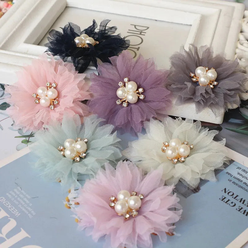 10PCS/Lot 6.5CM Pearl Center Handmade DIY Fabric Flowers Hair Accessories Dress Shoes Hats Decoration