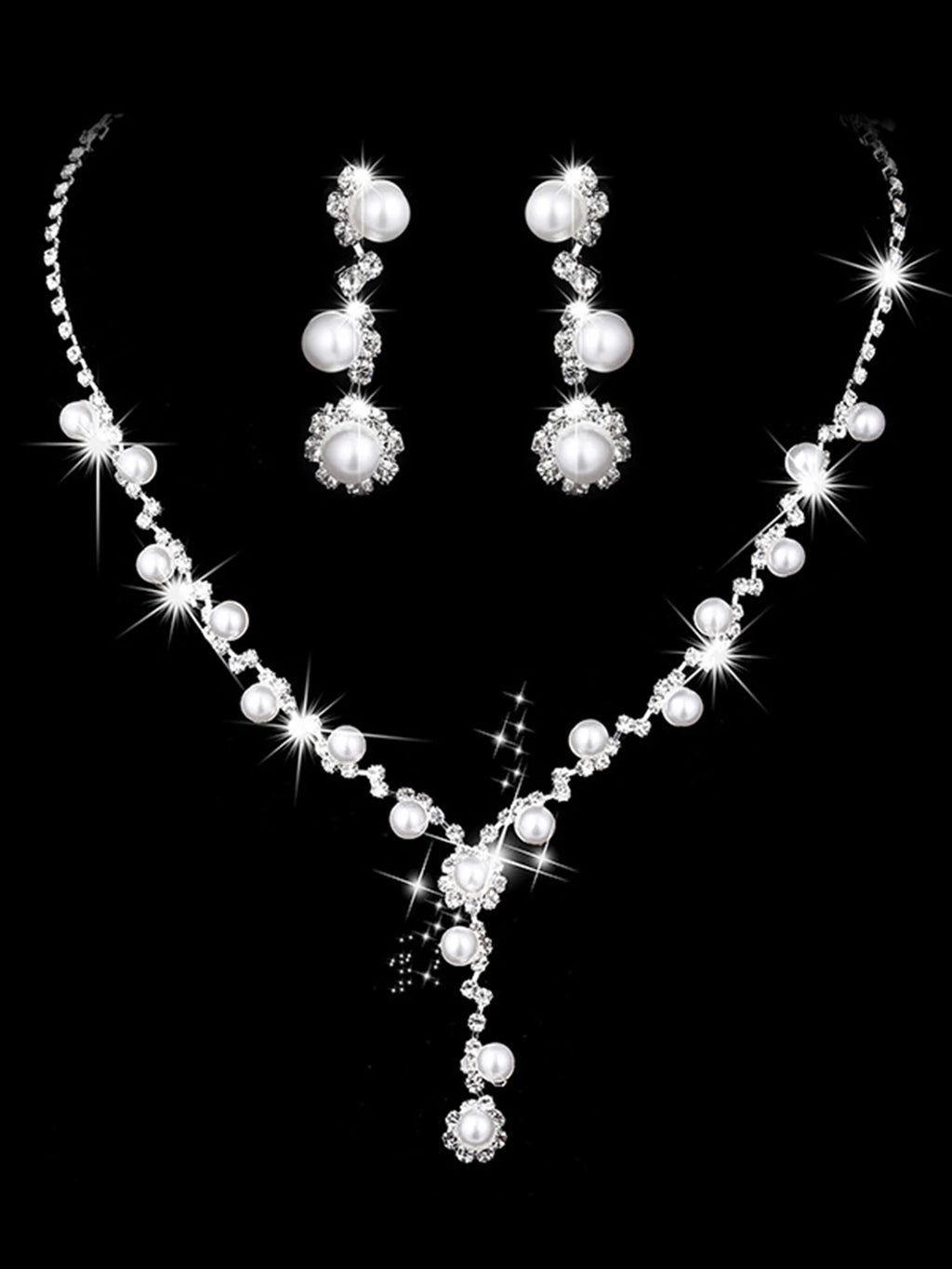 4 pcs bridal jewelry set, rhinestone pearl necklace, earrings, bracelets, dinner dress accessories