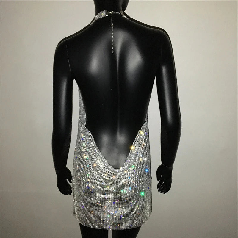 Bling Backless Rhinestone Dress - Sexy Deep V Neck, Sleeveless, Side Split Halter for Nightclub & Party