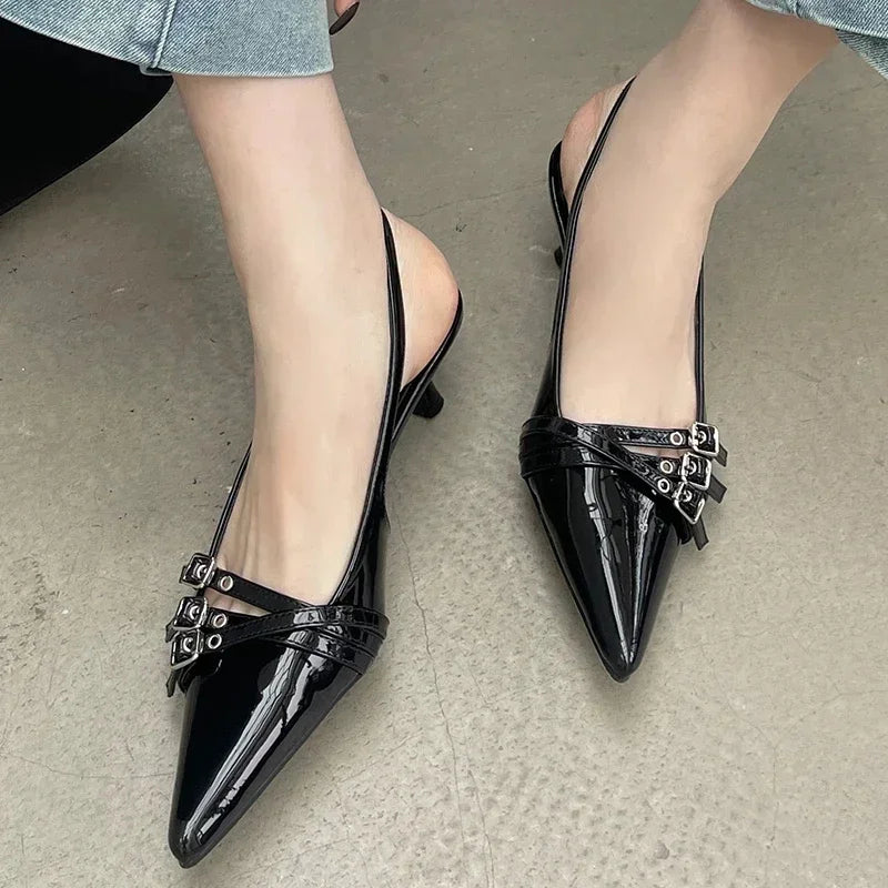 Summer New 2025 Women Sexy Party Punk Gothic Pointed High Heels PU Leather Casual Bar Striptease Ladies Sandals Beach Slippers
