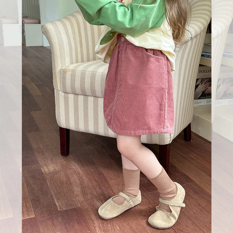 2025 Spring Children's Soft Pit Strip Cotton Corduroy Half Length Skirt for Girls Autumn Fashionable Versatile Short Skirt 2-16Y