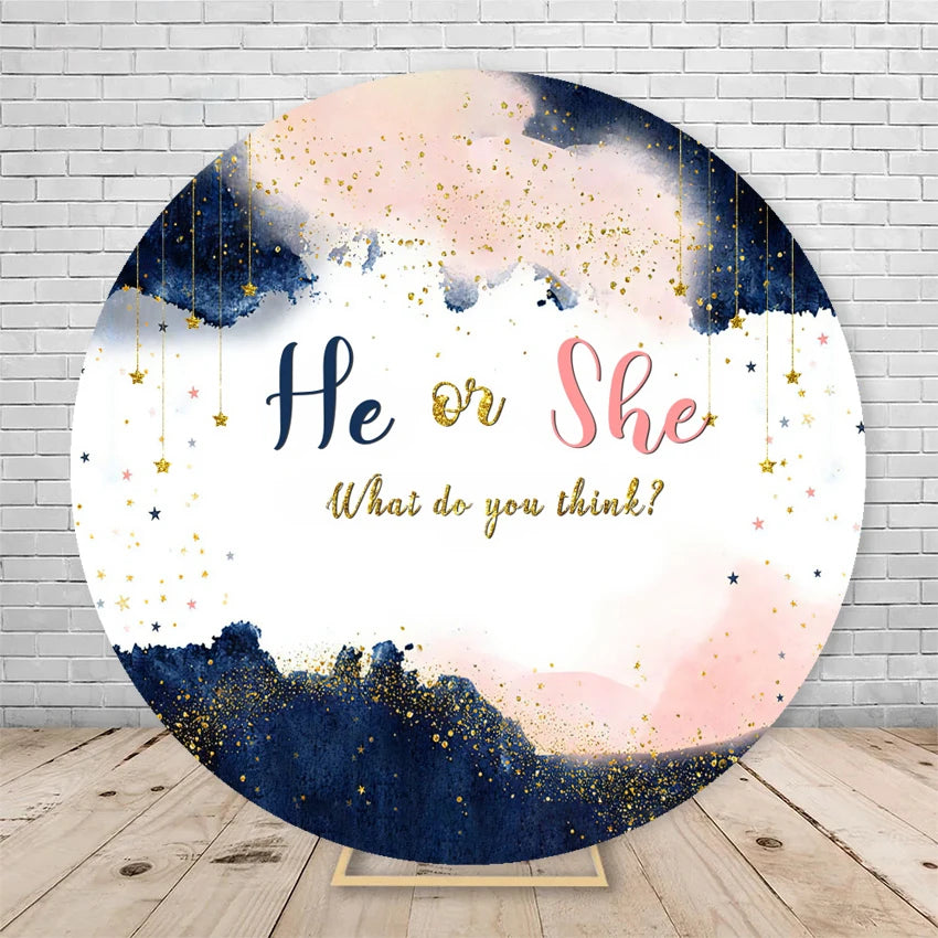 Gender Reveal Backdrop Round Cover Watercolor Cloud Bear Party Decor He or She Oh Baby Shower Photography Background Elasticity