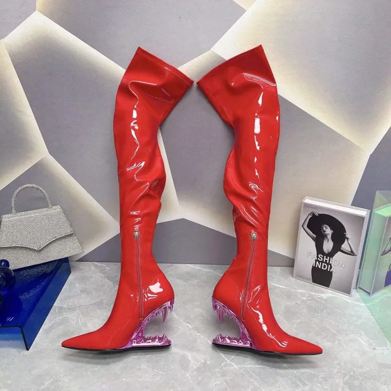 Women's Pointed Tiger Teeth Heel Knee High Elastic Boots Fashionable Over-the-Knee Super High Heel Banquet Show Shoes Autumn Winter