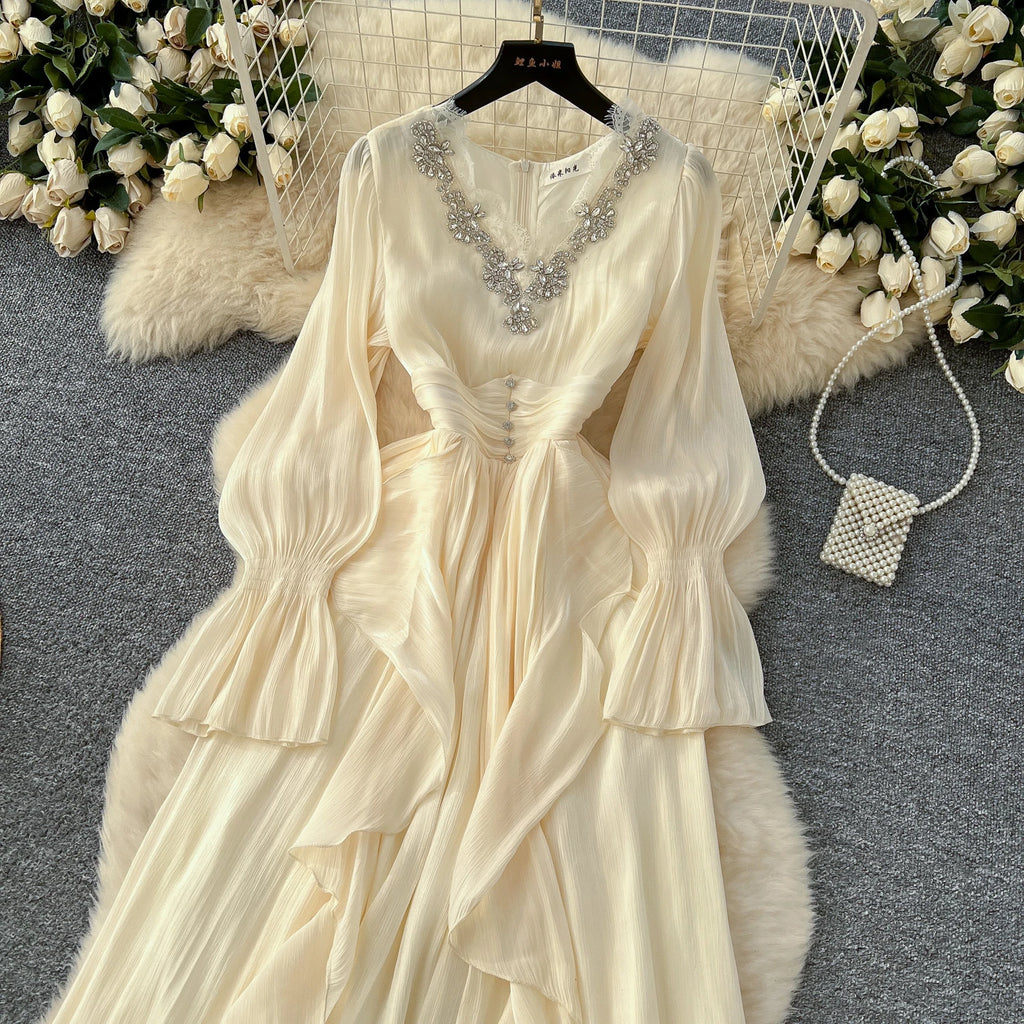 Spring Autumn Women Party Long Dress Elegant Female Red/Purple/Beige/Black Diamonds Patchwork Ruffle A-Line Maxi Vestidos New
