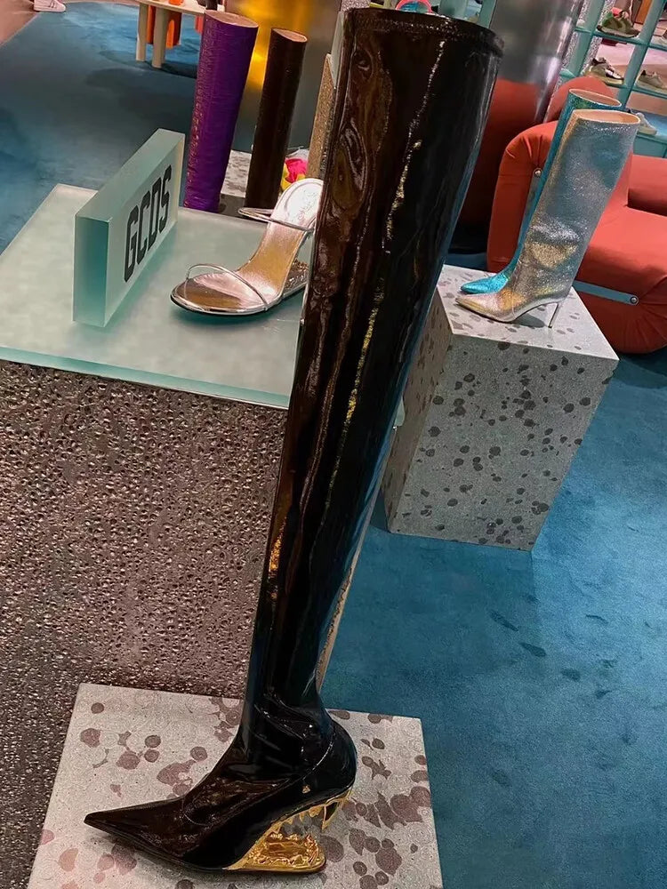 Women's Pointed Tiger Teeth Heel Knee High Elastic Boots Fashionable Over-the-Knee Super High Heel Banquet Show Shoes Autumn Winter