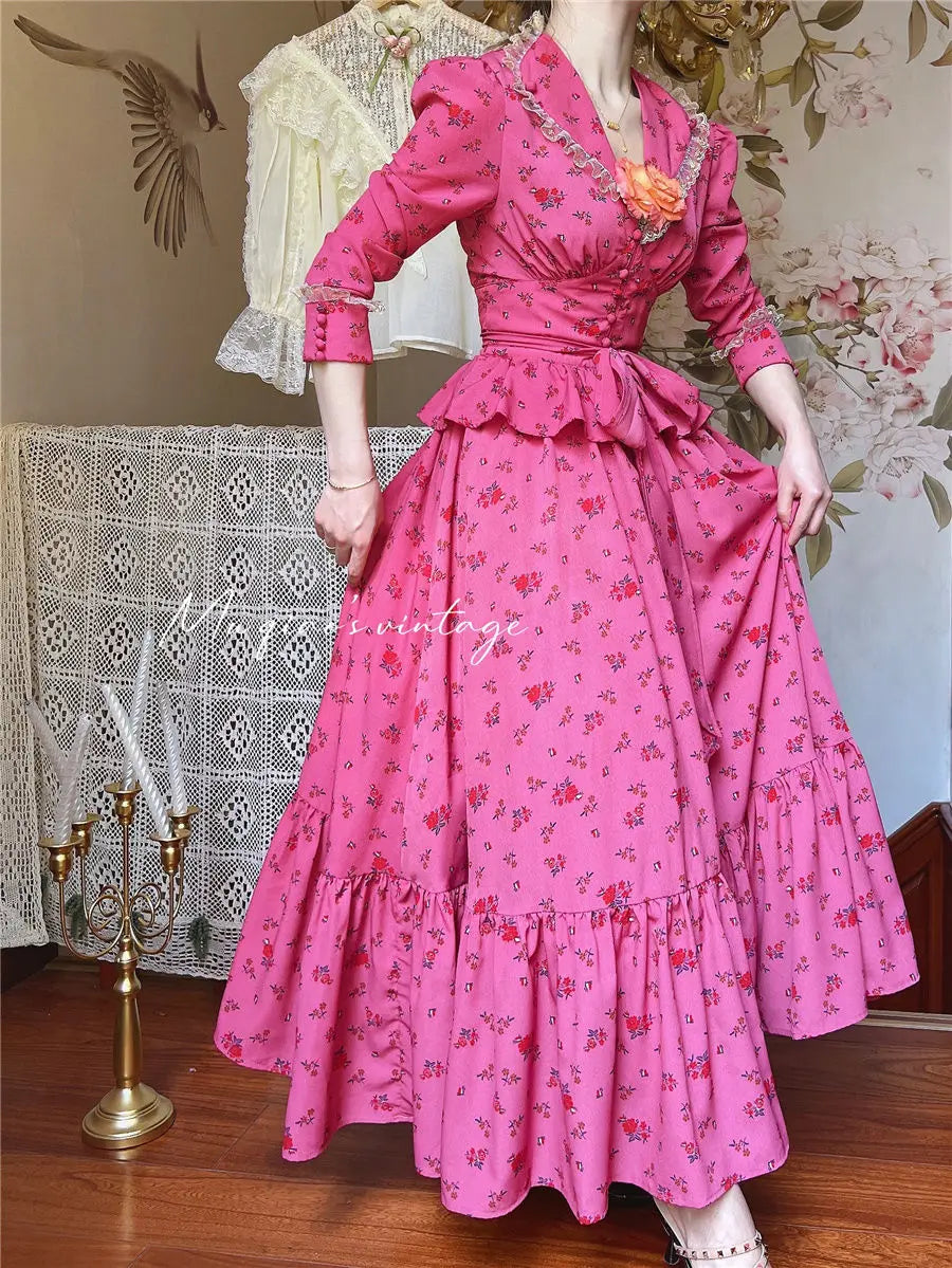 Rose Red Flower Autumn Long Sleeve French Vintage Dress V-neck Waist Cinched Slimming Ruffle Large Swing Long Dress for Women
