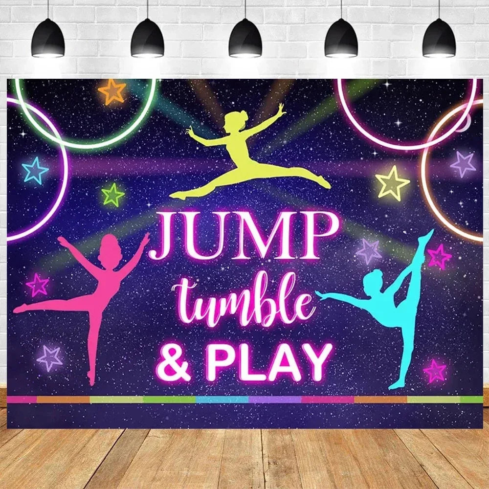 Let's Flip Athlete Gymnast Gymnastic Theme Jump Tumble Play Gymnast Rhythmic Gymnastic Girl Birthday Party Baby shower Backdrop