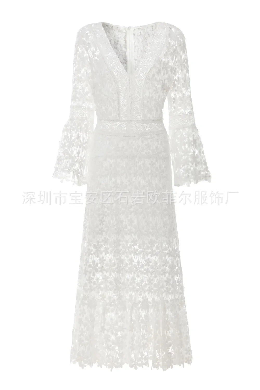 See Through Hollow Out Sexy Long Dresses Summer Dress for Women Long Sleeve V-Neck Lace Dress Loose Bohemian Loose Beach Smock