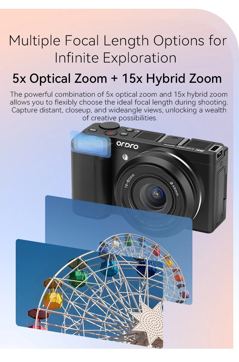 ORDRO G930 Digital Camera Compact for YouTube Vlogging Videos with Flashlight 5X Optical Zoom 4K 30FPS 60FPS Multi Filters AF MF