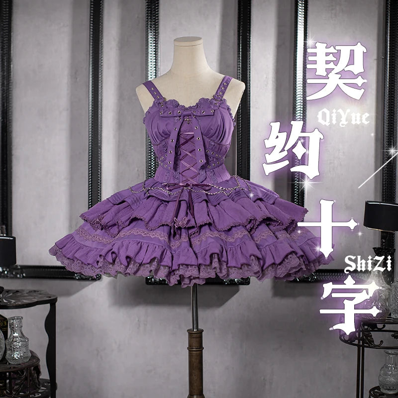 Gothic Lolita JSK Dress with Bow & Spaghetti Straps - Chic Mini Dress & Waistcoat Set for Sweet Style