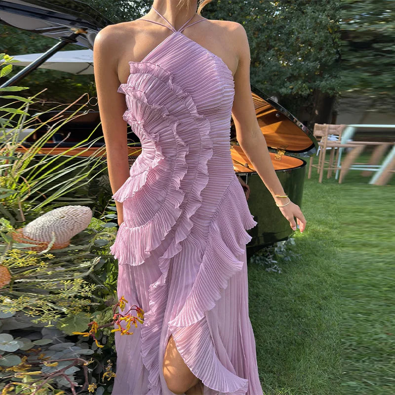 Elegant Affair Evening Gown - Ruffled Neck Strap, Backless Design, A-Line Silhouette, Perfect for Parties & Vacations