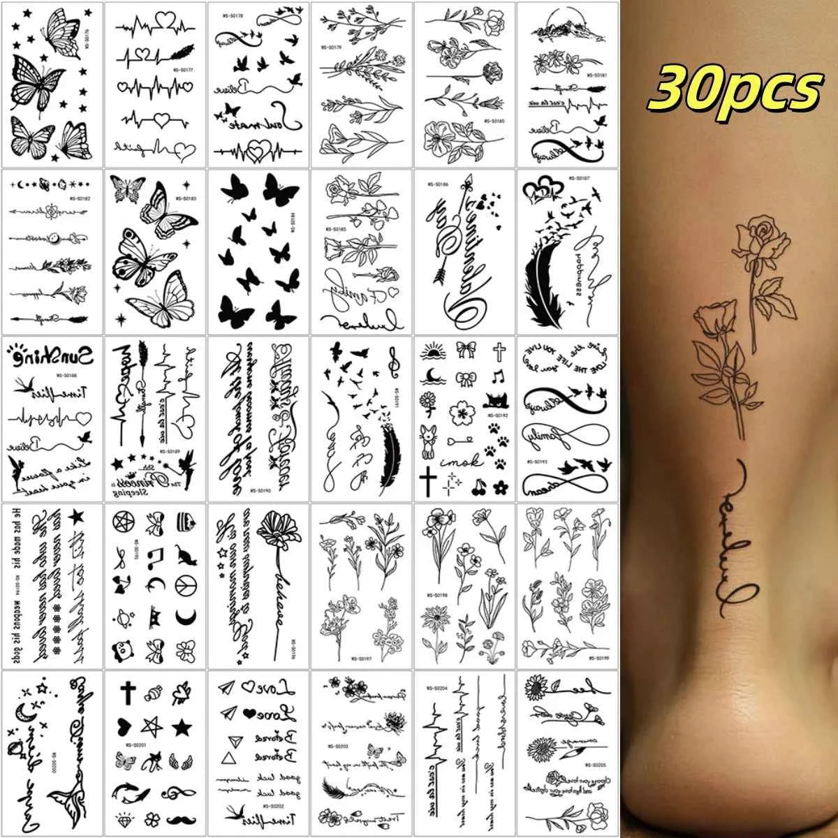 35pcs Realistic Peony Rose Temporary Tattoo Deer Crescent Floral Body Art Waterproof Stickers Lasting Arm Leg Hand Neck Tattoos*
