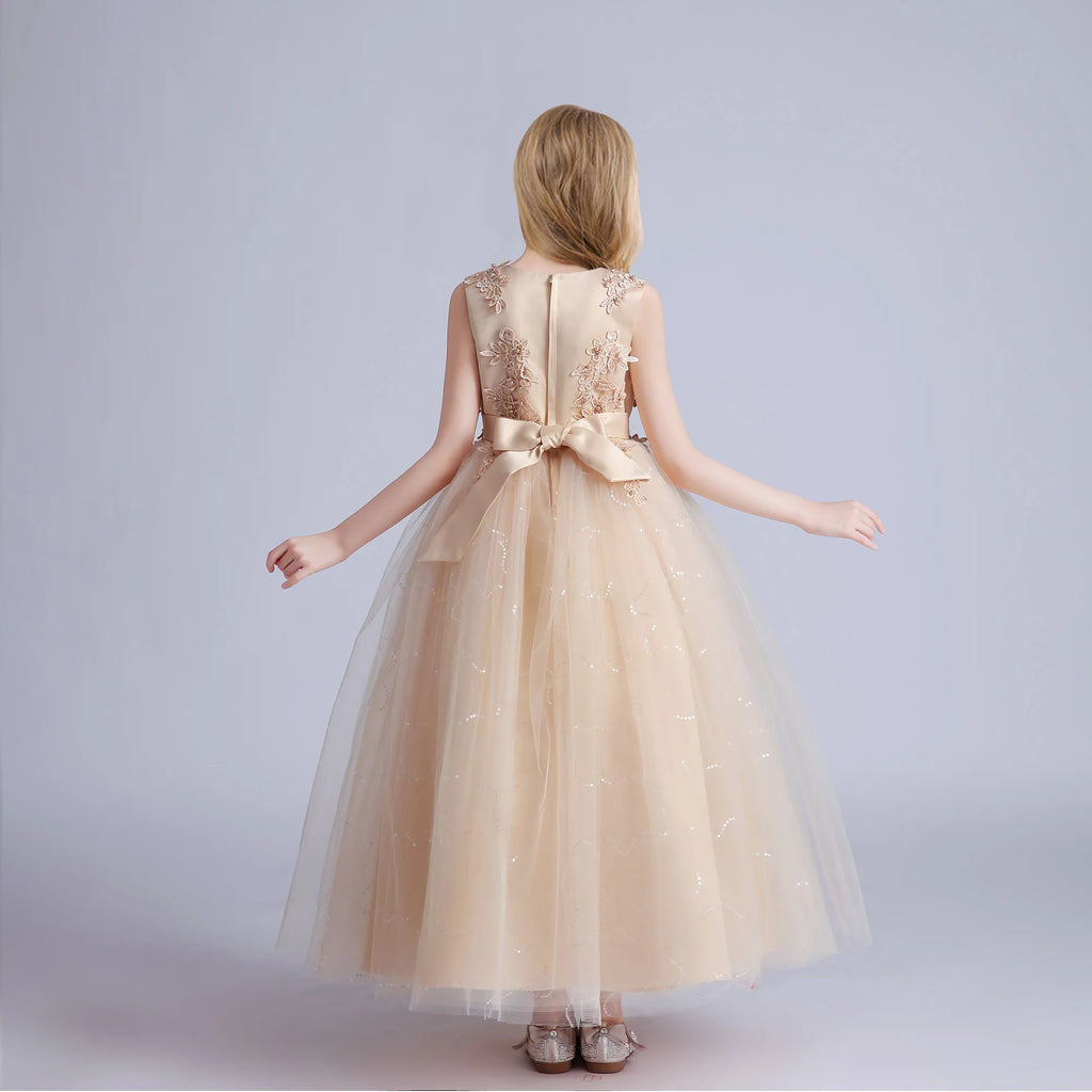 Fashion Flower Bridesmaid Girls Dress Elegant Bow Wedding Evening Princess Birthday Party Dress Graduation Baptism Kids Clothing