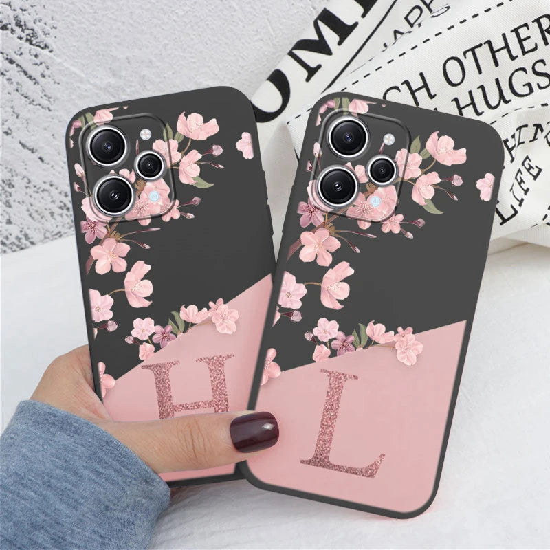 Redmi 12 Note 14 Pro Silicone Phone Case - Pink Floral Design with Personalized Initial A-Z - Stylish & Protective Cover