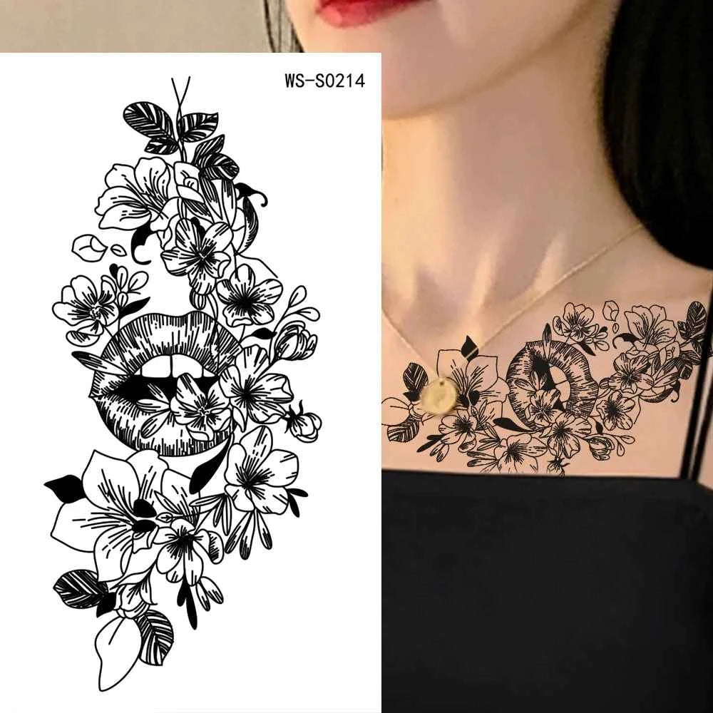 35pcs Realistic Peony Rose Temporary Tattoo Deer Crescent Floral Body Art Waterproof Stickers Lasting Arm Leg Hand Neck Tattoos*
