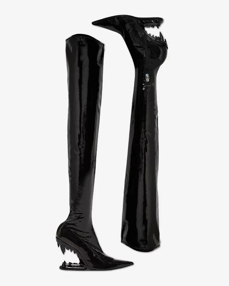 Women's Pointed Tiger Teeth Heel Knee High Elastic Boots Fashionable Over-the-Knee Super High Heel Banquet Show Shoes Autumn Winter