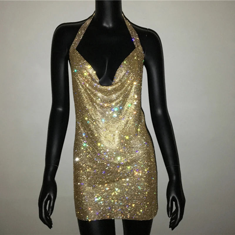 Bling Backless Rhinestone Dress - Sexy Deep V Neck, Sleeveless, Side Split Halter for Nightclub & Party