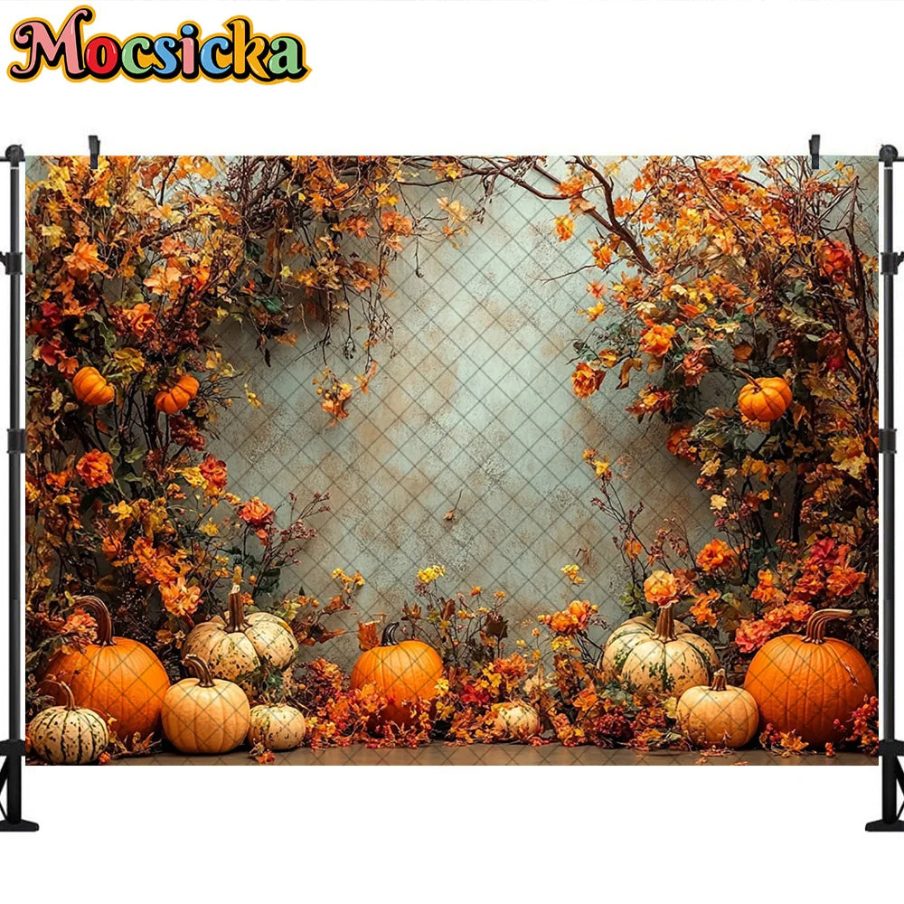 Mocsicka Photography Backdrop Autumn Pumpkin Maple Leaves Decoration Fall Portraits Photo Supplies Backgrounds For Photographs