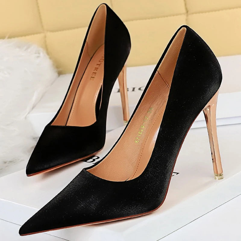 BIGTREE Shoes Women Pumps Metal heeled women shoes Satin Pumps Women Heels Stiletto High Heels Wedding Shoes Women 10.5 cm heels