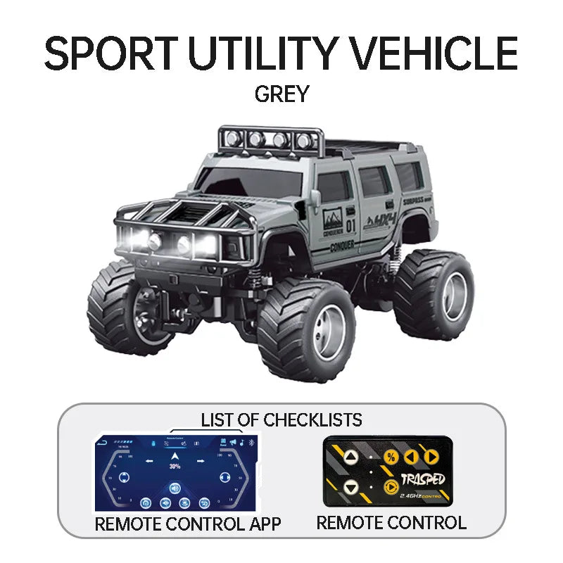 1/64 RC Car Mini HG4-221 Off-Road Vehicle Simulation Hummer 2.4G Remote Control Climbing Car with APP Lights Control Gifts Toys