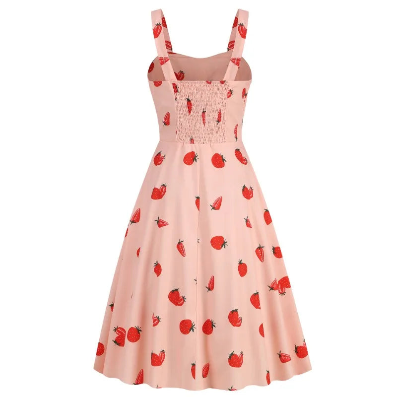 Vintage Charm Summer Midi Dress - Cute Print, Ruched Bust, High Waist for Effortless Beach Style