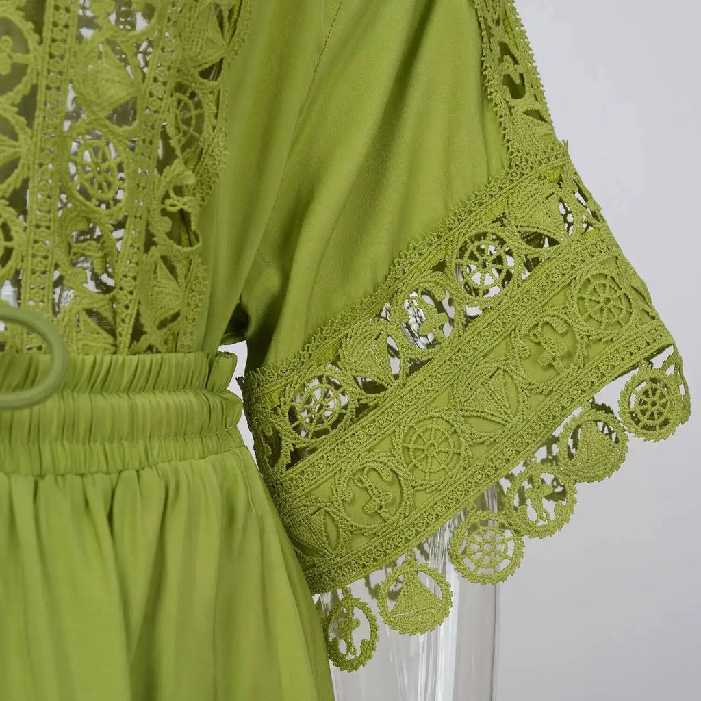 Quality Loose Hollow Out Dress Two Piece Set Women's Shirt Short Skirt Set Embroidered Lace Crop Tops Pleated Skirts Suits 2pcs
