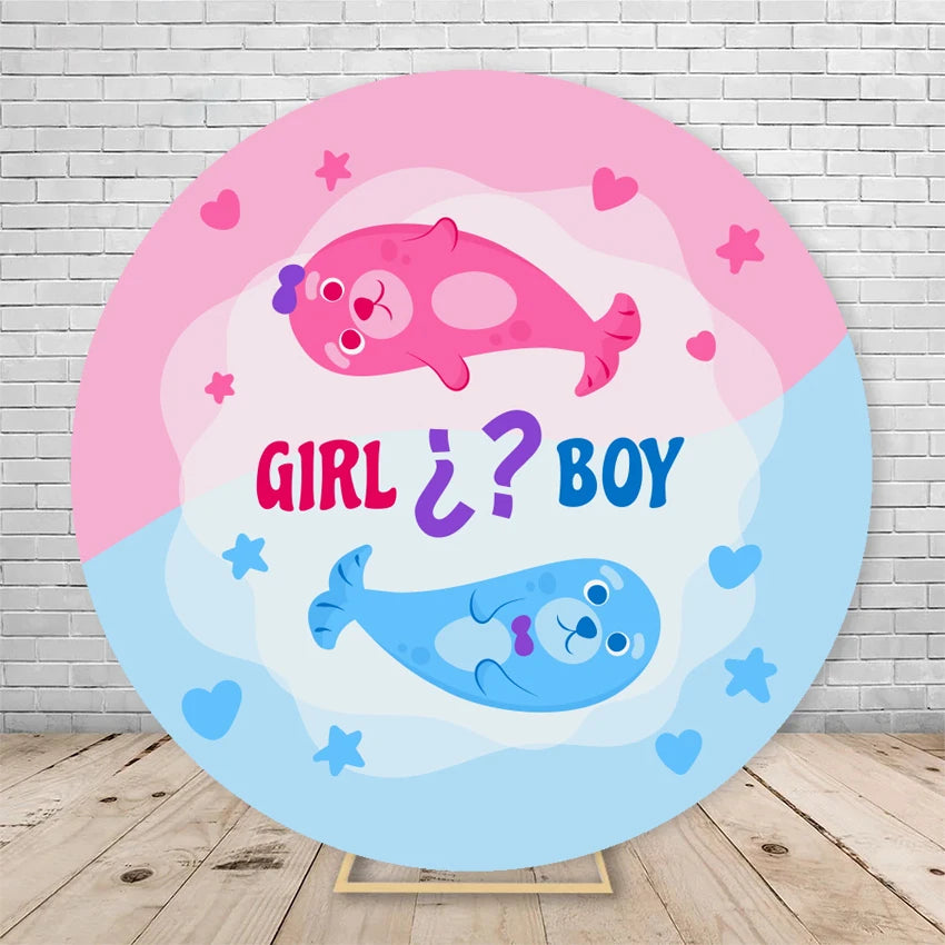 Gender Reveal Backdrop Round Cover Watercolor Cloud Bear Party Decor He or She Oh Baby Shower Photography Background Elasticity