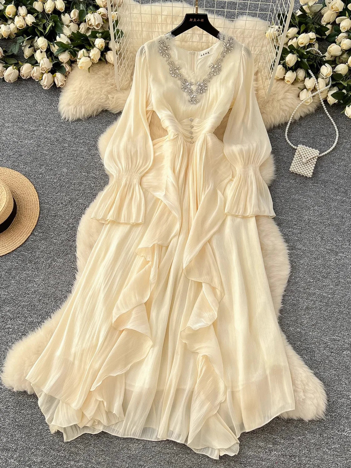 Spring Autumn Women Party Long Dress Elegant Female Red/Purple/Beige/Black Diamonds Patchwork Ruffle A-Line Maxi Vestidos New