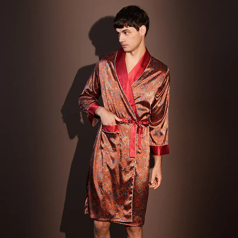 Men's Thin Bathrobe High Quality Nightrobes One-Piece Robe Male Loungewear Gents Spring and Autumn New Ice Silk Printed Pajamas