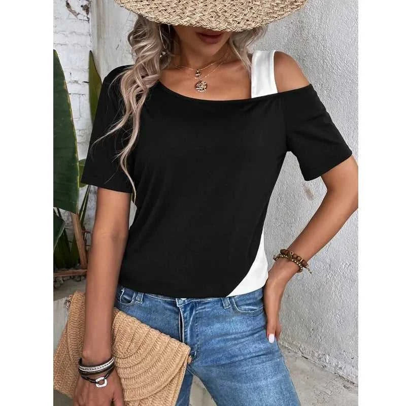 Chic Color Blocking Short Sleeved Women Solid Color Off Shoulder Asymmetric T-Shirt Female Summer Casual Tops The jack market .AU The jack market .AU Woman Fashion $ 57 14:193#pink black;5:361385