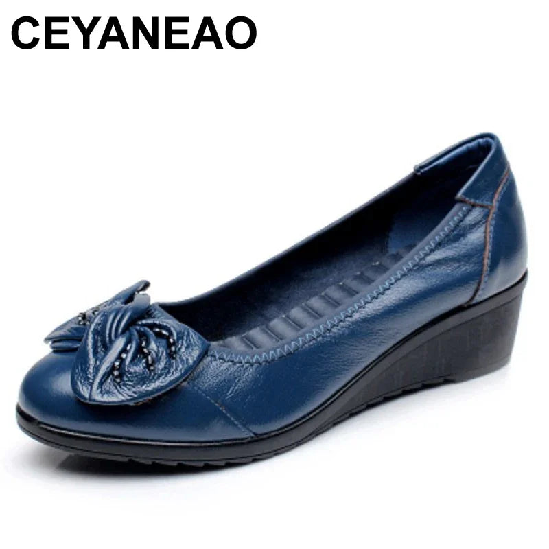 CEYANEAOSpring and autumn shallow mouth drill mother shoes leather soft the elderly with a single shoes casual comfortable women