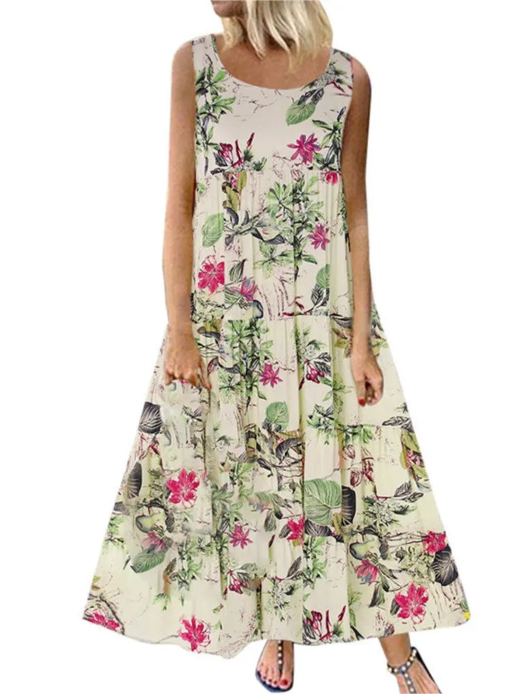 Women's Floral Boho Midi Dress – Loose Sleeveless Summer Dress