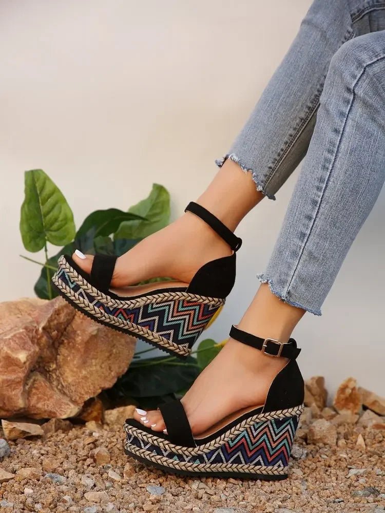 Summer New European and American Fashion Simple Ethnic Style Slope Heel Sandals with One Button High Heel Women's Shoes 2025