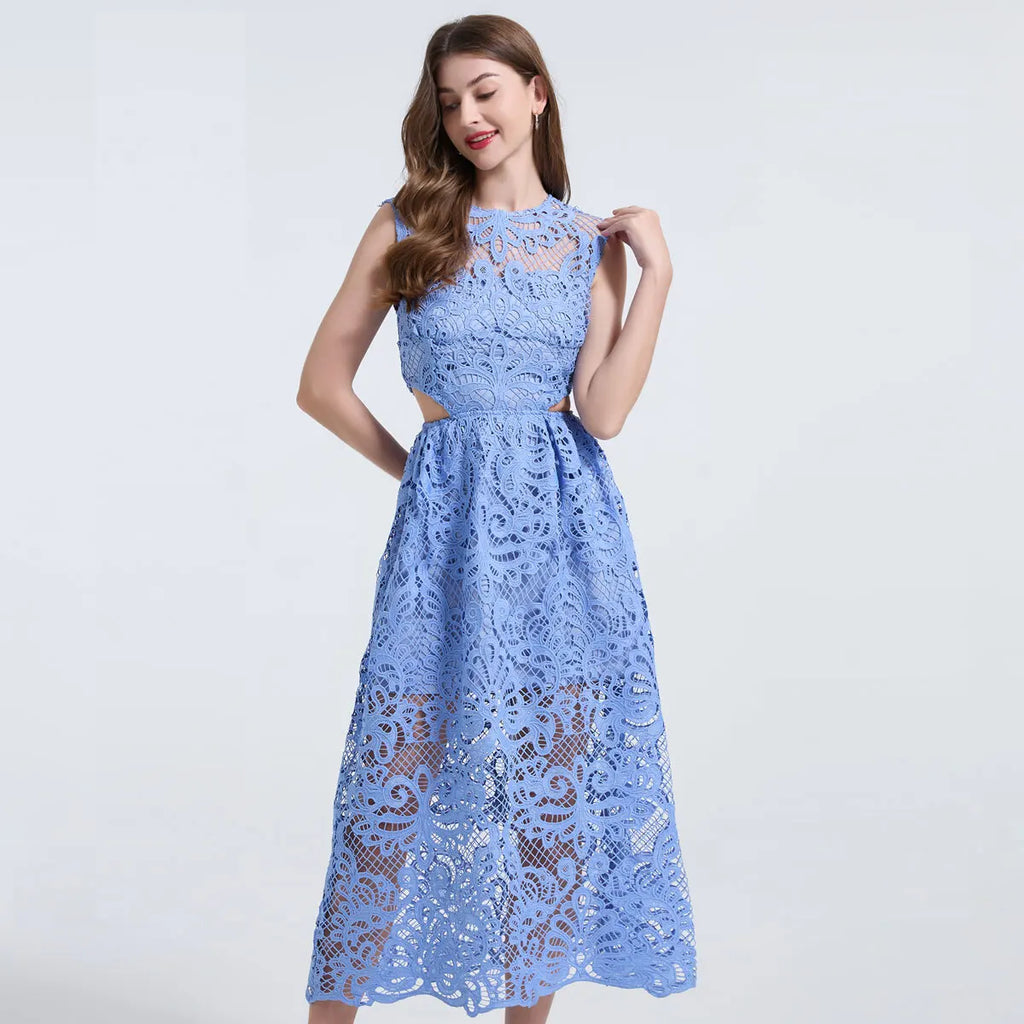Women's Lace Embroidery Evening Dress – Elegant Midi Party Dress