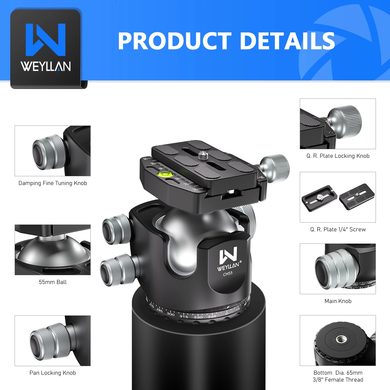 WEYLLAN CH55 Professional Tripod Ball Head 360° Low Gravity Center Panoramic CNC 55mm Ball for Tripod Monopod DSLR Camcorder New