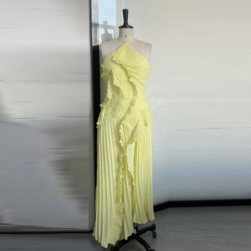 Elegant Affair Evening Gown - Ruffled Neck Strap, Backless Design, A-Line Silhouette, Perfect for Parties & Vacations