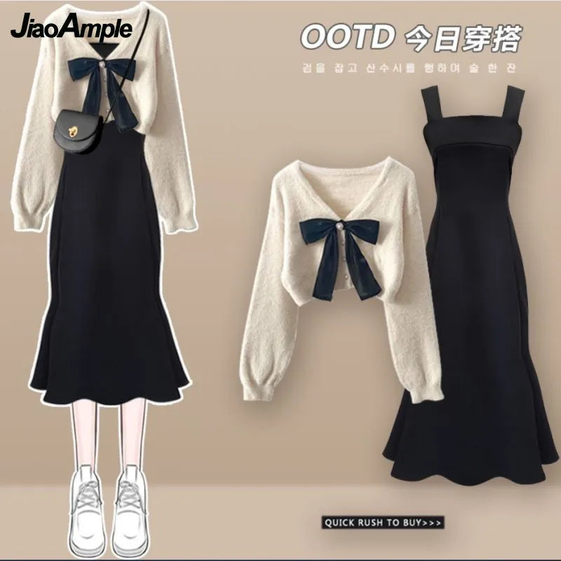 Elegant Korean Chic Two-Piece Dress Set: Short Sweater & Suspended Skirt for Spring & Autumn