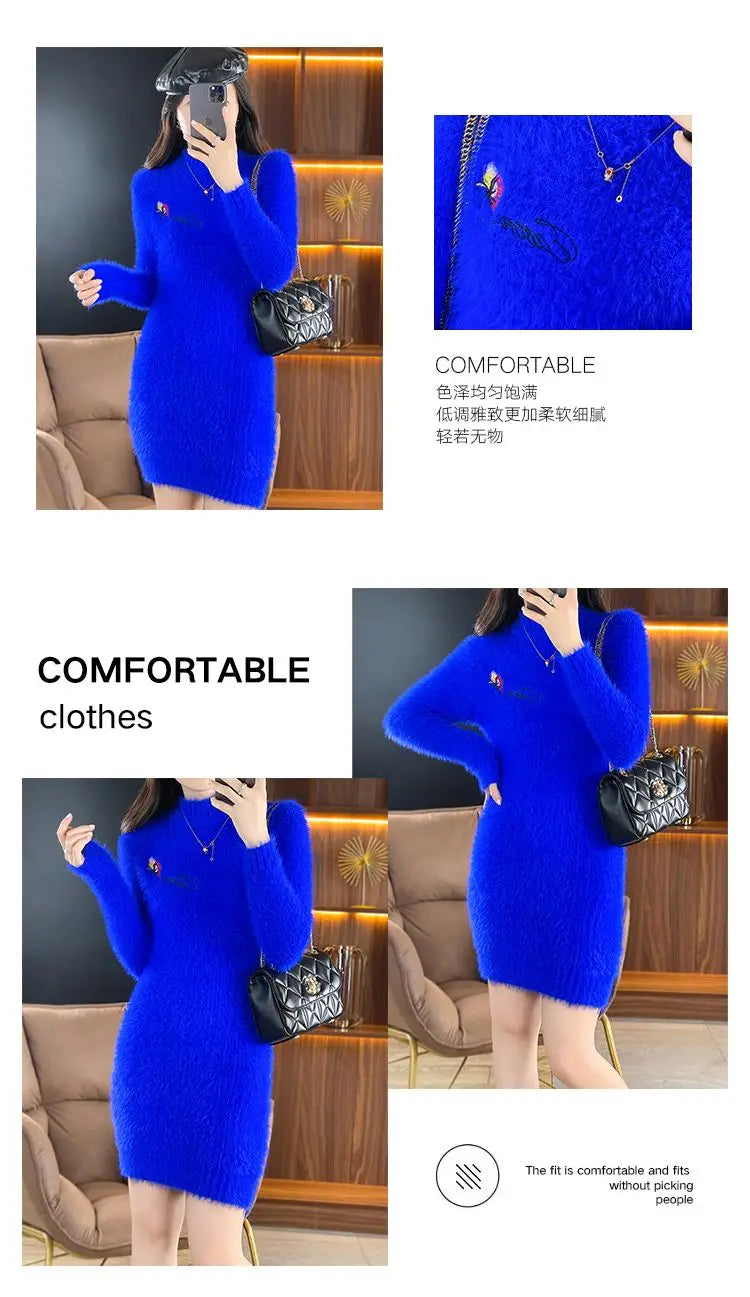 Imitation Mink Fleece Autumn Winter New Plush Slim Sweater Dress Solid Half High Neck Mid Length Embroidered Knit Bottom Dresses