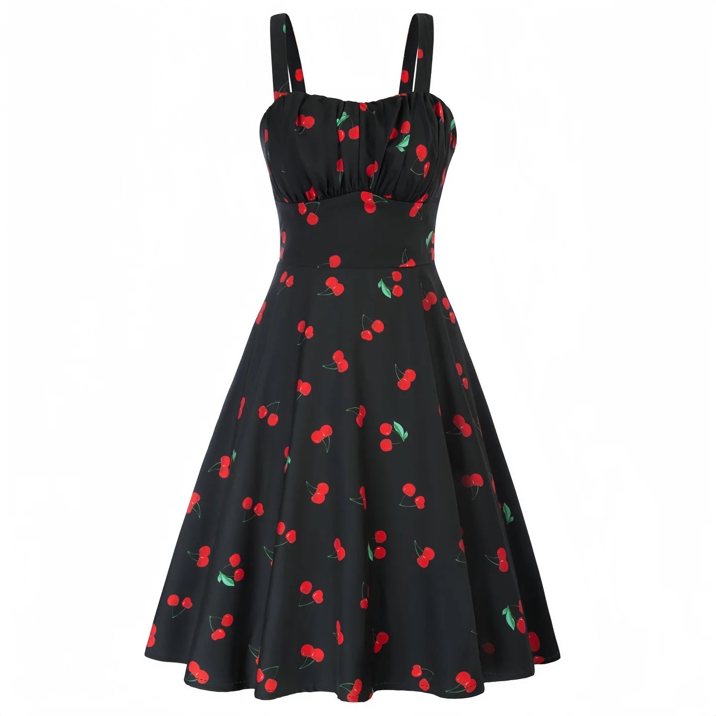 Vintage Charm Summer Midi Dress - Cute Print, Ruched Bust, High Waist for Effortless Beach Style