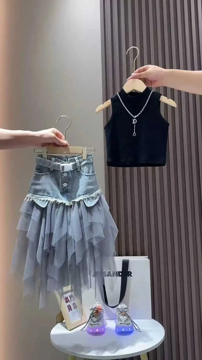 Girls' Summer New Set 2026 Korean Version Baby Girl Tank Top Mesh Splicing Cowboy Skirt Set Kids Summer Set The jack market .AU The jack market .AU Mum & Kids: Essential Products for Every Family $ 62 14:29#WHITE;200000463:200004189#110CM 4Years;200007763:201336100