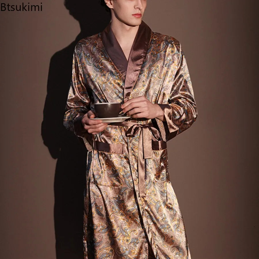 Men's Thin Bathrobe High Quality Nightrobes One-Piece Robe Male Loungewear Gents Spring and Autumn New Ice Silk Printed Pajamas