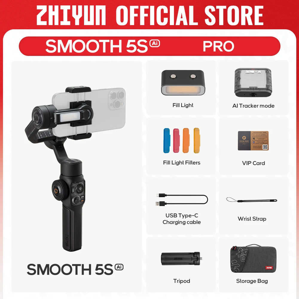ZHIYUN Official SMOOTH 5S AI Smartphone Gimbal 3-Axis Gimbals Fill Light Phone Stabilizer for iPhone 15 Pro Max Android